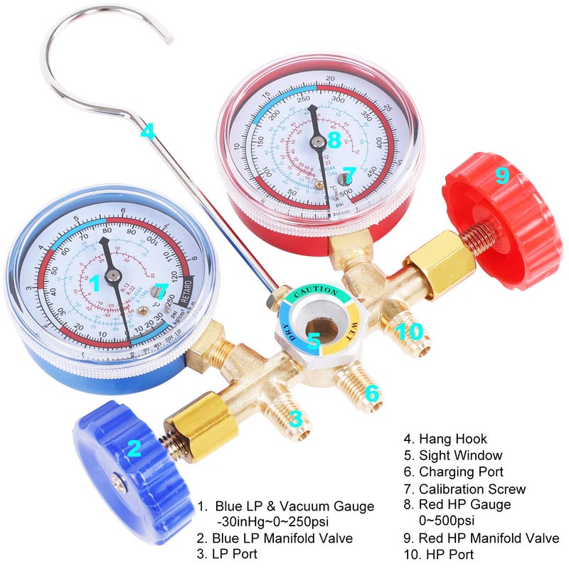 JIFETOR 3 Way AC Manifold Gauge Set, HVAC Diagnostic Refrigerant Charging Tool for Auto Household R404A R134A Refrigerant, Quick Couplers Can Tap Adapter Valve Core Tool, 5FT Hose - Image 3